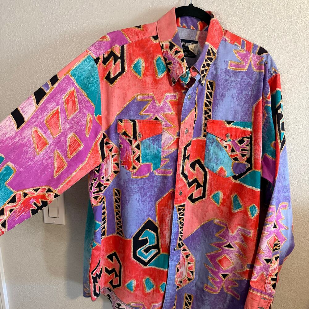 Wrangler Vintage 90s Long Sleeve Aztec Print Western Button Up Shirt Size - Picture 3 of 5